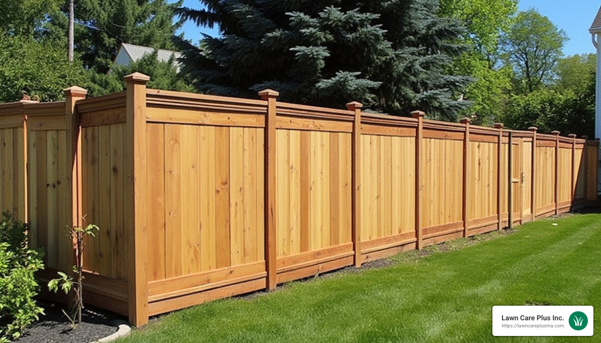 beautifully installed cedar fence by Lawn Care Plus Inc. in a Boston Metro-West property - cedar fence company
