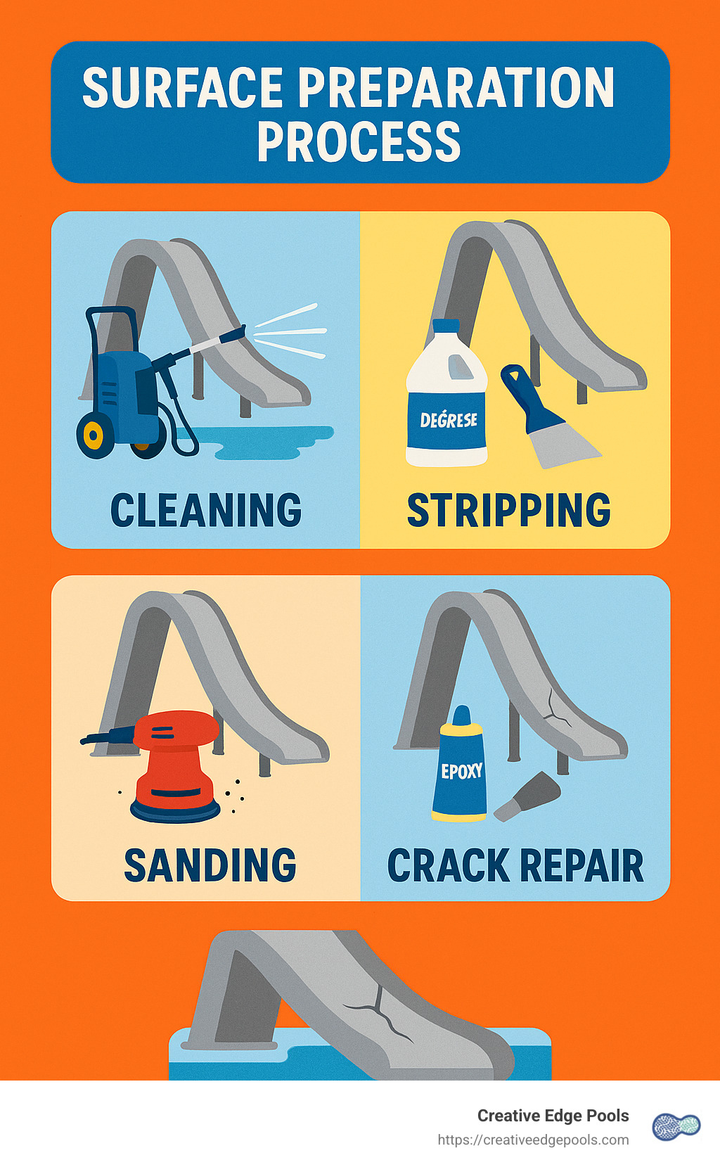 Surface preparation process for concrete pool slide resurfacing featuring cleaning with a pressure washer, stripping with degreaser, sanding, and crack repair using epoxy.