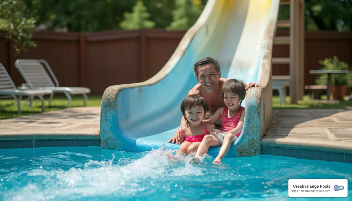 Family enjoying a concrete pool slide, smiling in the water, emphasizing fun and safety in backyard pool activities.