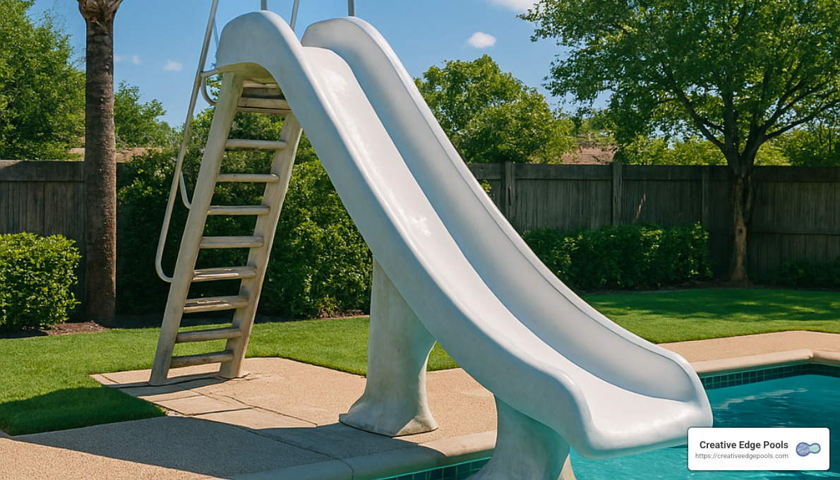 Concrete pool slide with a ladder, surrounded by green grass and trees, showcasing the investment in outdoor fun and safety for families, highlighted by Creative Edge Pools branding.