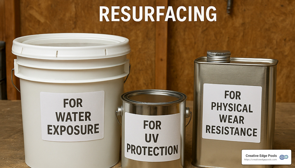 Buckets and cans labeled for concrete pool slide resurfacing: "FOR WATER EXPOSURE," "FOR UV PROTECTION," and "FOR PHYSICAL WEAR RESISTANCE," with the title "RESURFACING" prominently displayed, emphasizing essential materials for pool slide maintenance.
