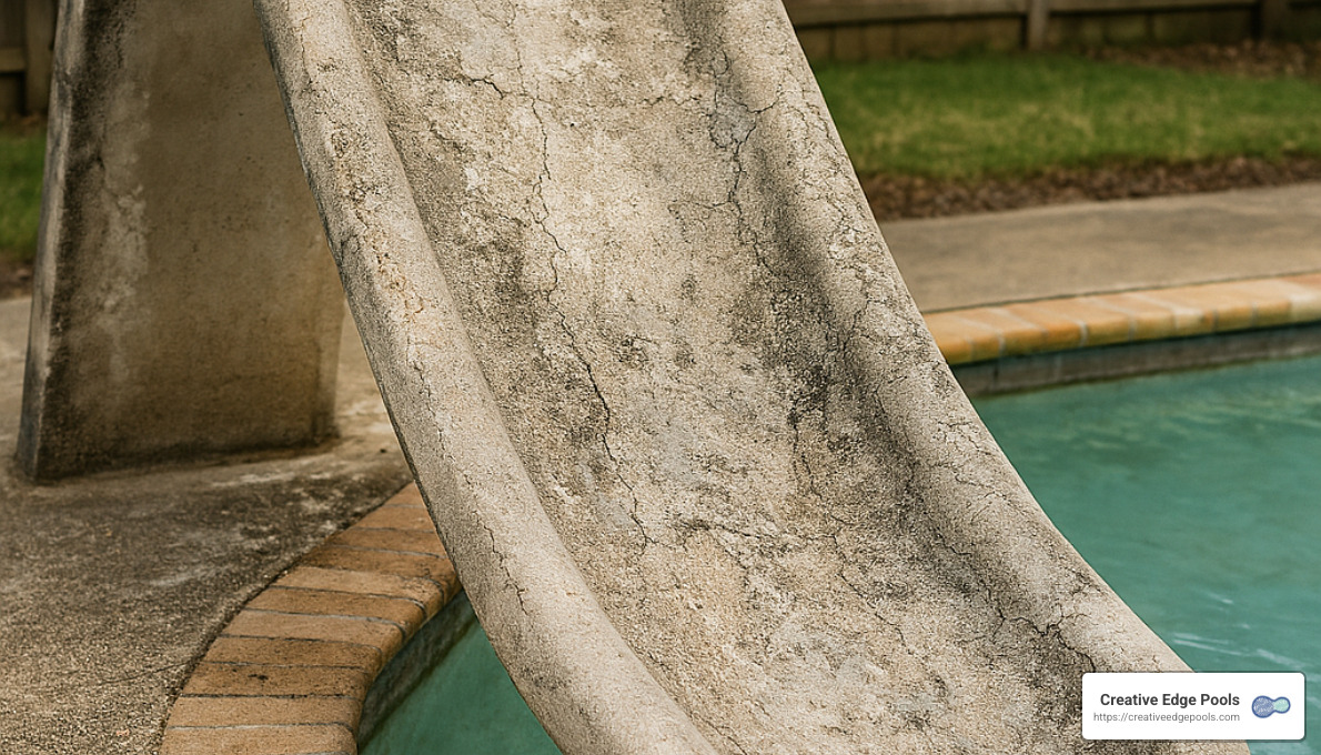 Concrete pool slide with rough, cracked surface near swimming pool, highlighting the need for resurfacing to restore safety and enjoyment.
