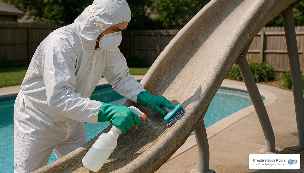 Person in protective gear cleaning a concrete pool slide with a brush and spray bottle, emphasizing pool maintenance and resurfacing preparation.