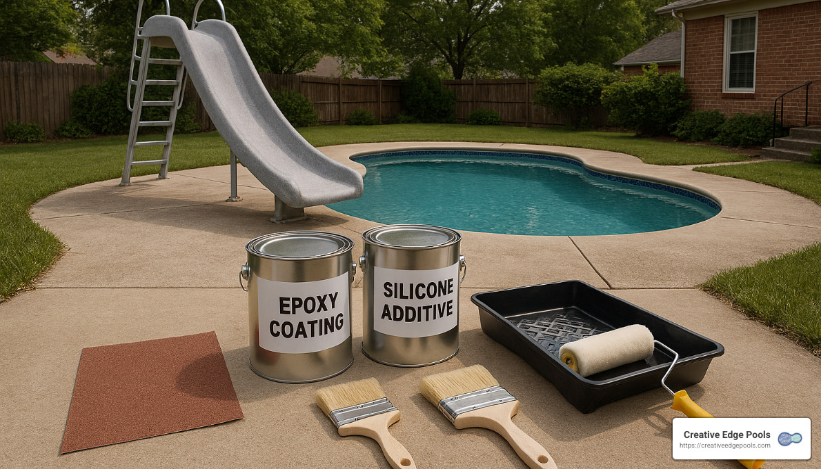 Concrete pool slide with epoxy coating and silicone additive materials, including paintbrushes and roller, beside a swimming pool in a backyard setting.