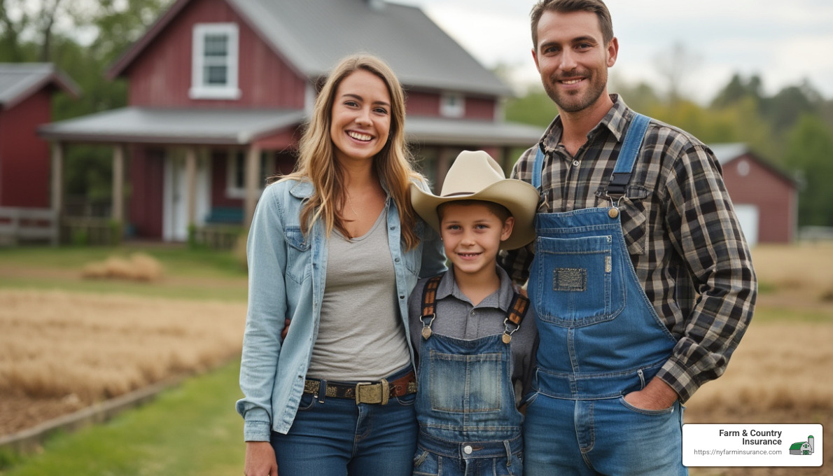 4115fef54befd907b0093502c30ecb9fbdc95e8b Farm Homeowners Insurance: Cover Your Bases Get insight on farm homeowners insurance, covering unique farm risks, policy customization, and essential coverage options. Farmer and family standing in front of their protected farm home - farm homeowners insurance