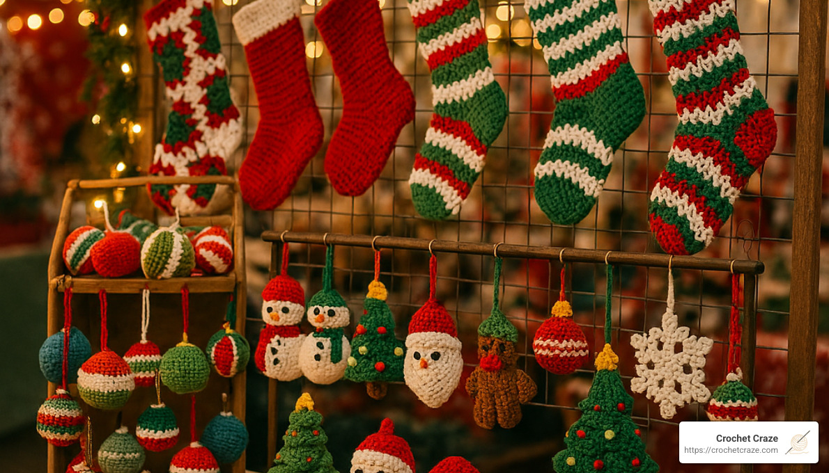 attractive display of crochet christmas items at craft fair - crochet christmas items to sell