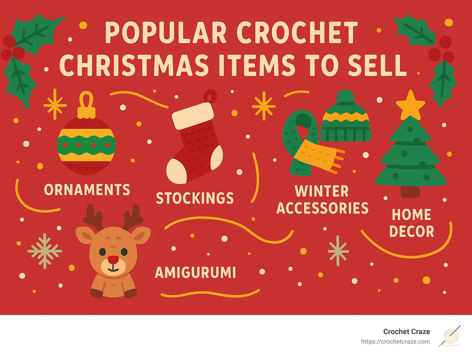infographic highlighting popular crochet christmas items to sell including ornaments, stockings, winter accessories, home decor, and amigurumi - crochet christmas items to sell infographic