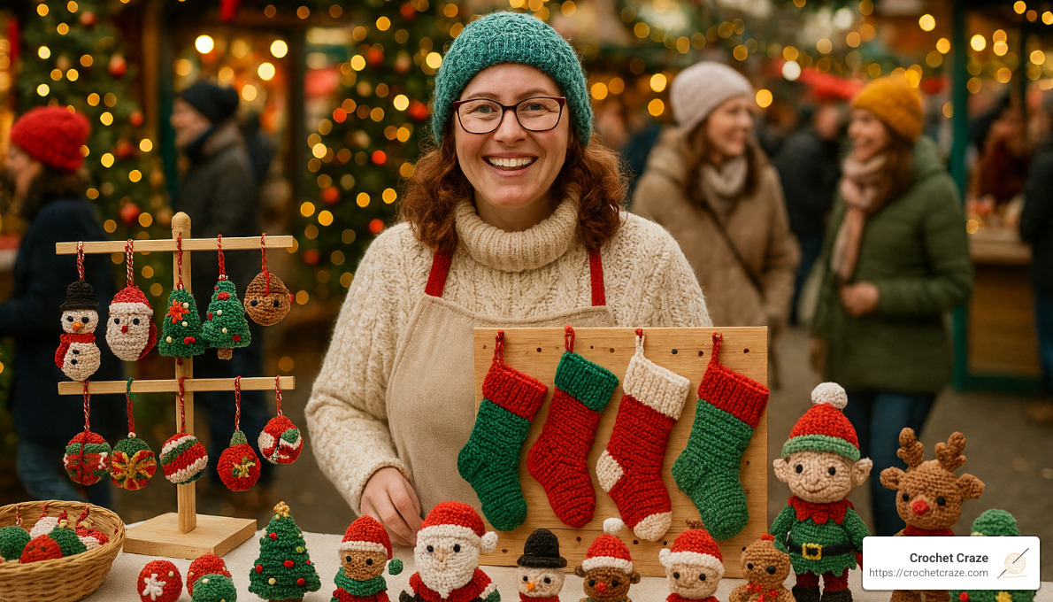 successful crochet seller at holiday market - crochet christmas items to sell