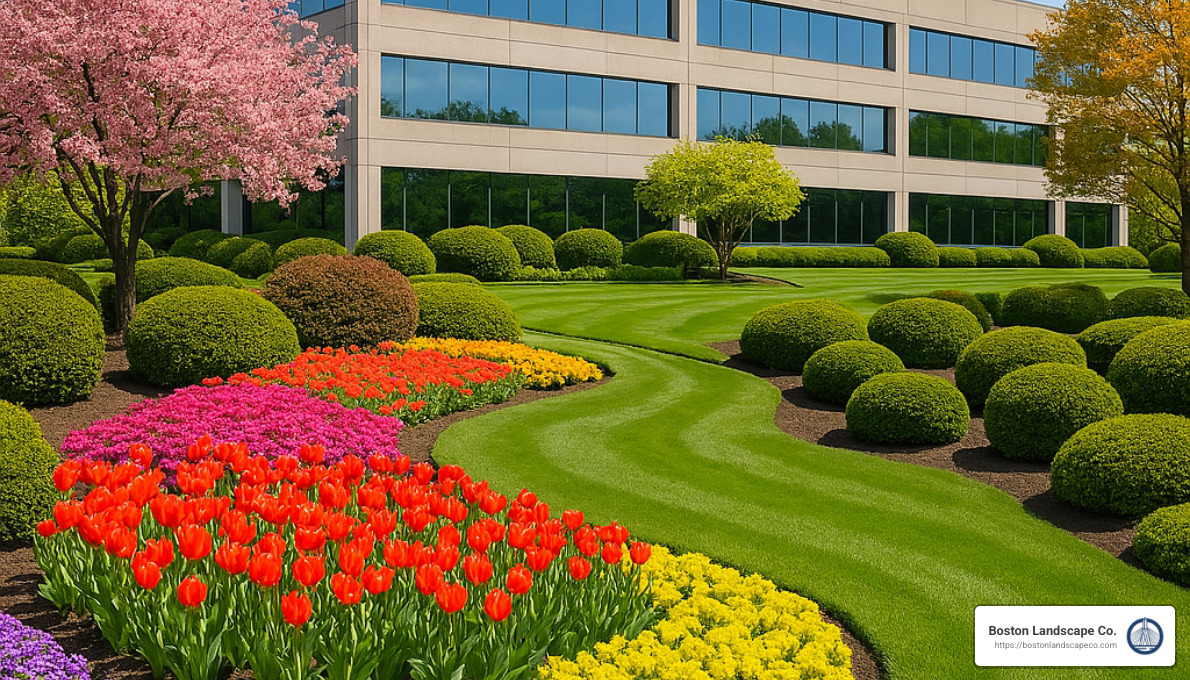 beautifully maintained corporate landscape showing seasonal color - corporate landscaping companies