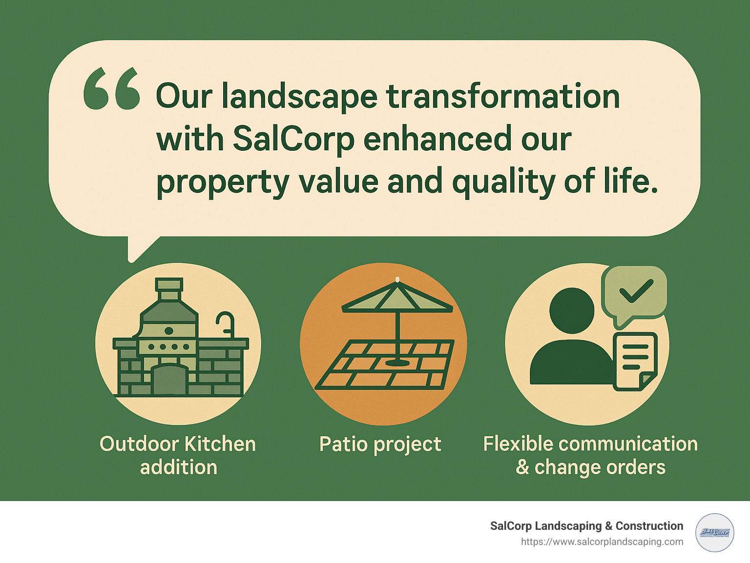 Quote from a satisfied client describing how their landscape change has improved their property value and quality of life, with specific details about the project results and their experience working with a professional landscape firm - landscape firms near me infographic 