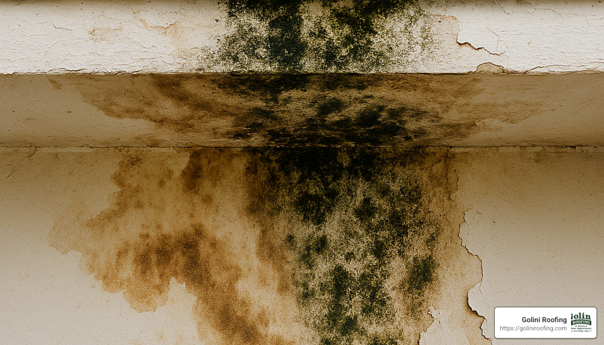damaged roof with visible water damage - roofing specialist