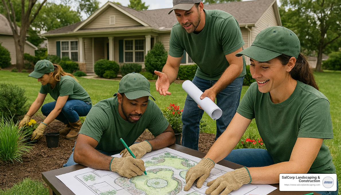 Landscape professionals working on a residential property design - landscape firms near me