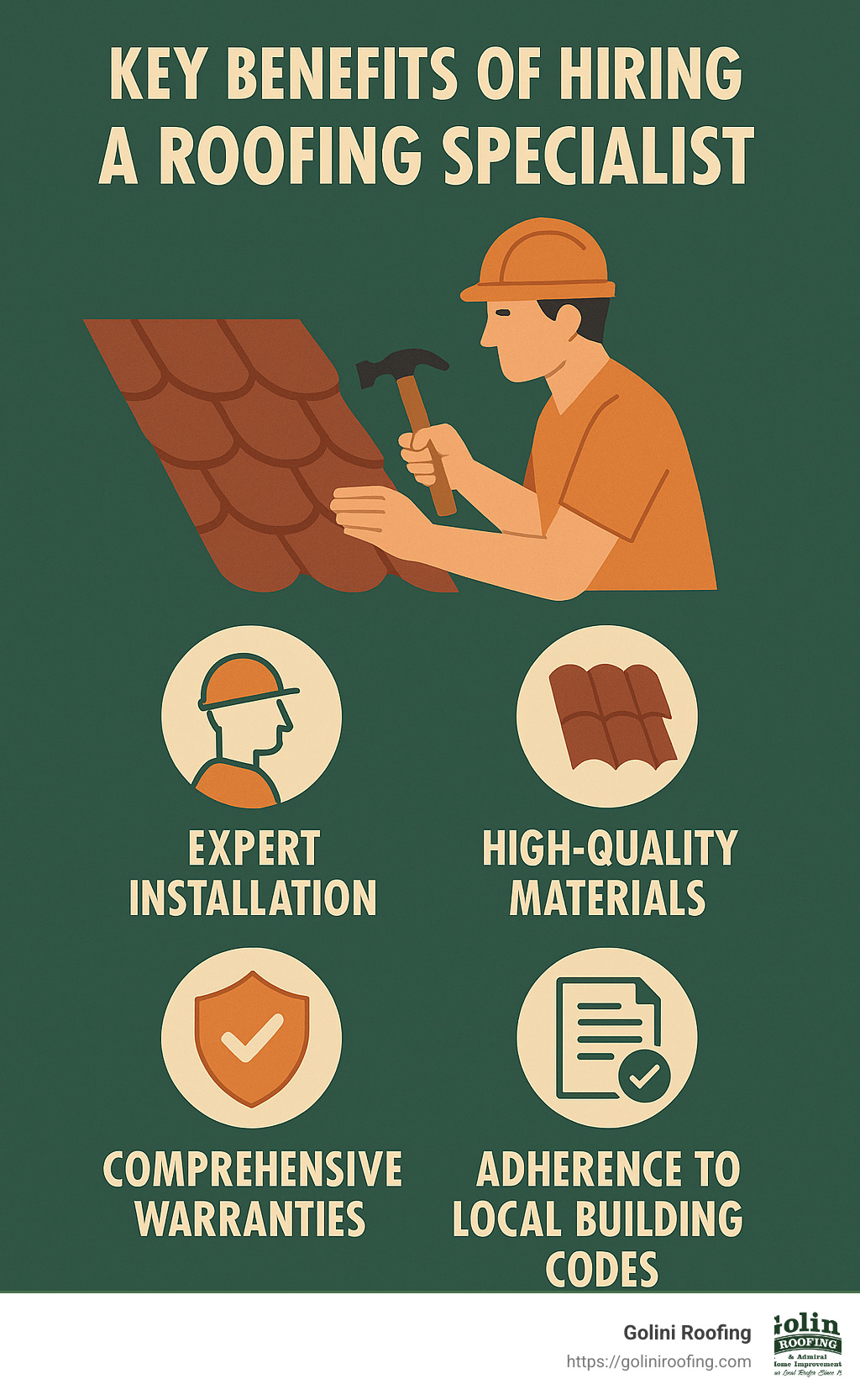 Infographic showing key benefits of hiring a roofing specialist including expert installation, high-quality materials, comprehensive warranties, and adherence to local building codes. - roofing specialist infographic 