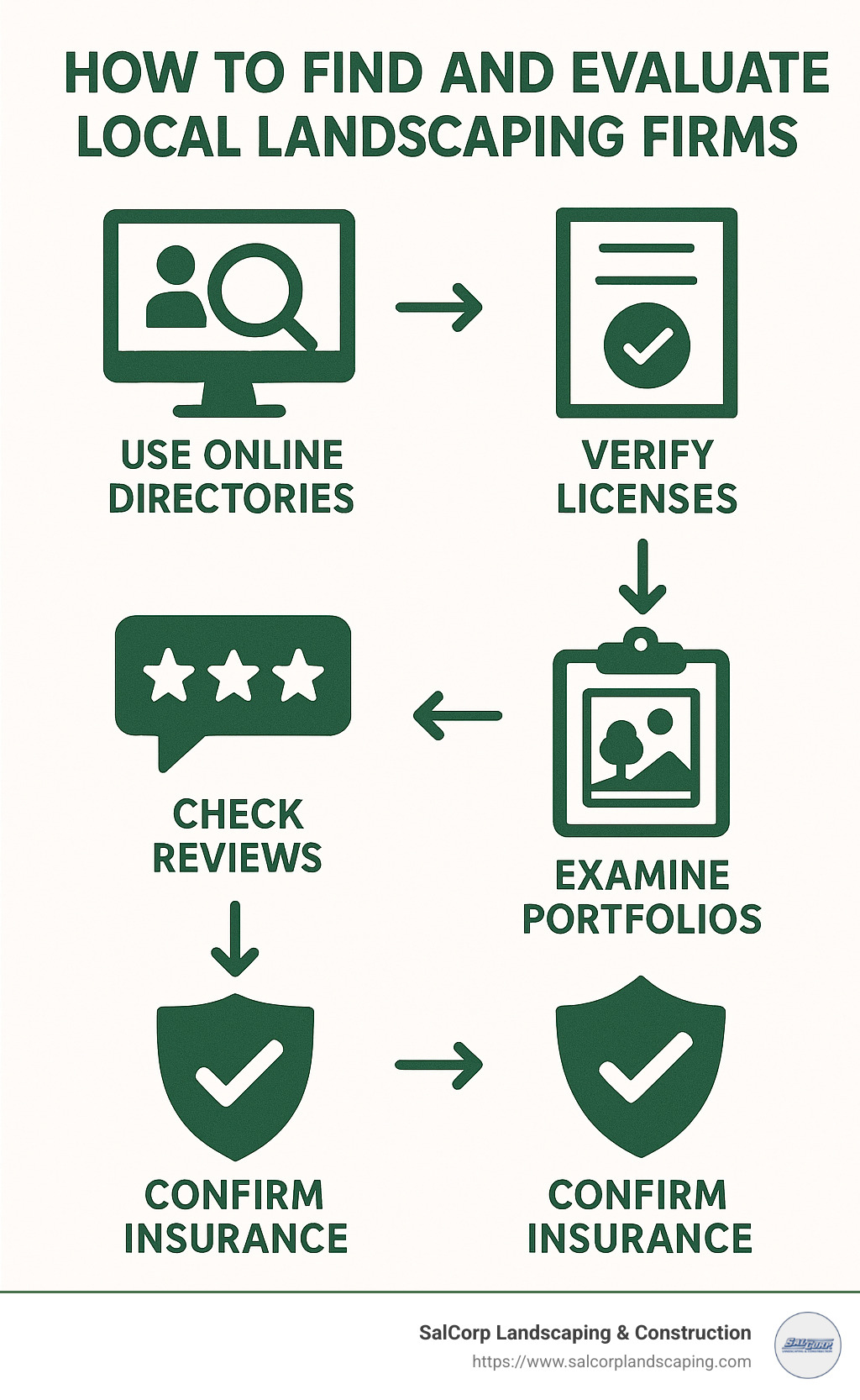 Infographic detailing step-by-step how to quickly find and evaluate local landscaping firms, including using online directories, verifying licenses, checking reviews, examining portfolios, and confirming insurance coverage. - landscape firms near me infographic 