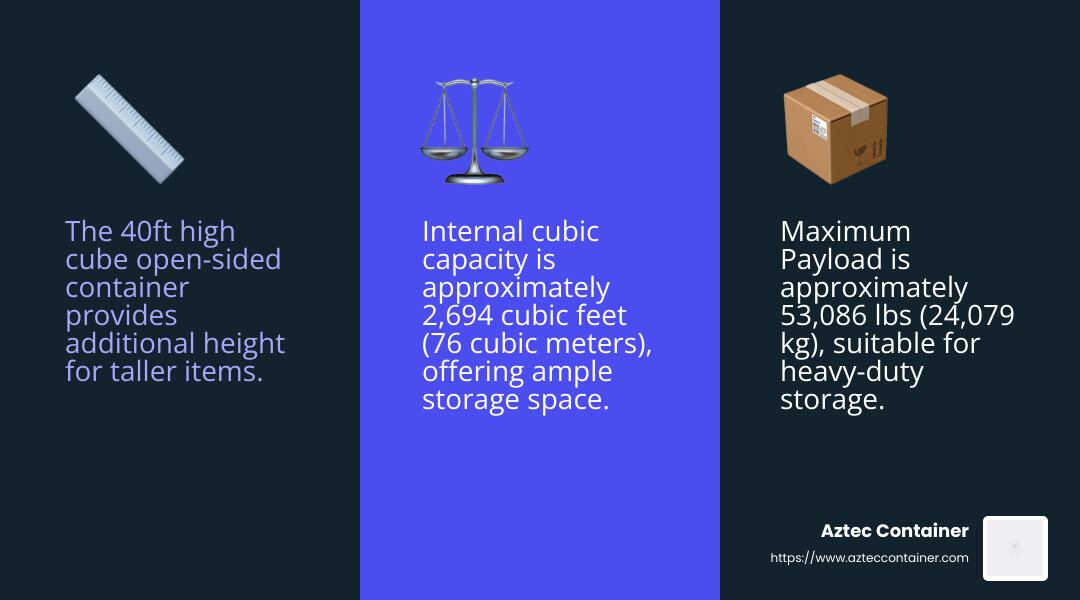 Detailed specifications of different open sided container sizes showing dimensions and capacities - open sided shipping containers for sale infographic 3_facts_emoji_blue