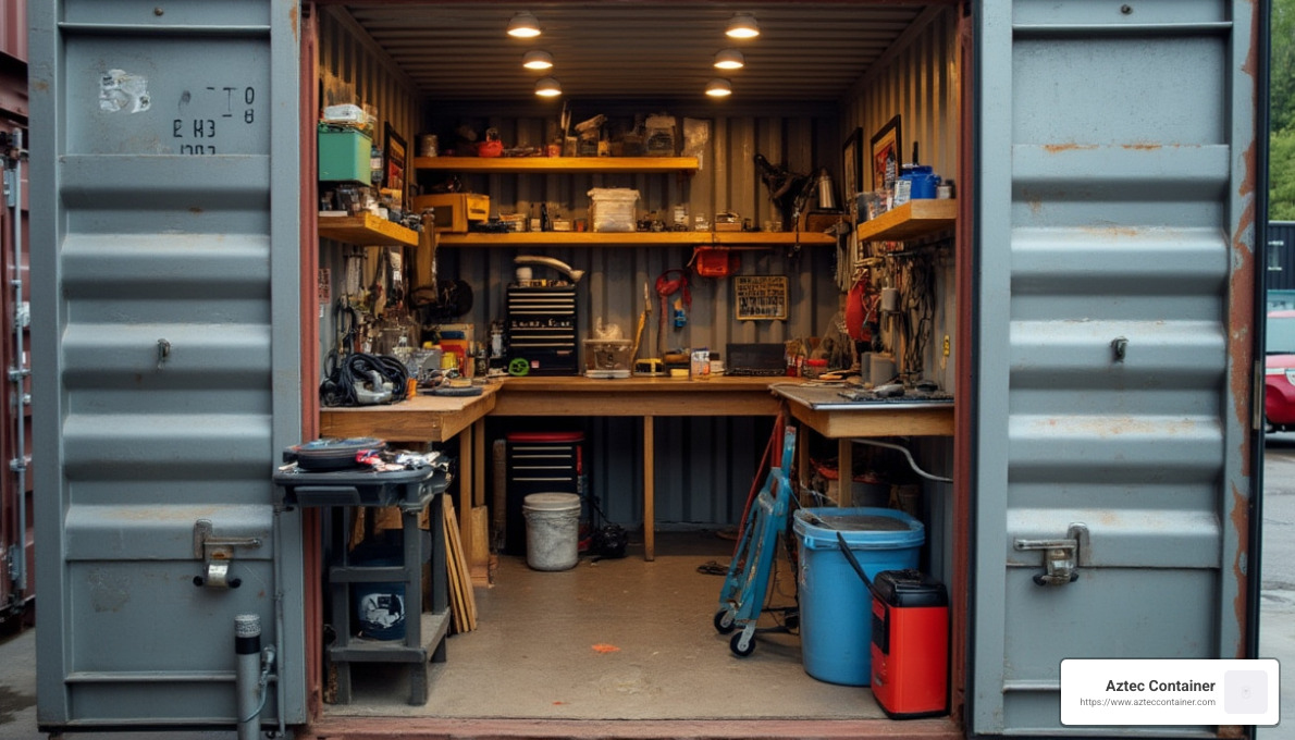 open sided container converted into a mobile workshop with tools and equipment - open sided shipping containers for sale