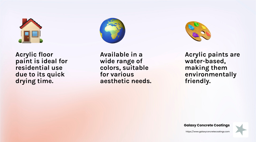 Comparison chart showing durability, application time, and maintenance requirements of acrylic floor paint versus polyaspartic coatings, with visual representations of each coating type and their typical lifespan - acrylic floor paint infographic 3_facts_emoji_light-gradient Comparison chart showing durability, application time, and maintenance requirements of acrylic floor paint versus polyaspartic coatings, with visual representations of each coating type and their typical lifespan - acrylic floor paint infographic 3_facts_emoji_light-gradient