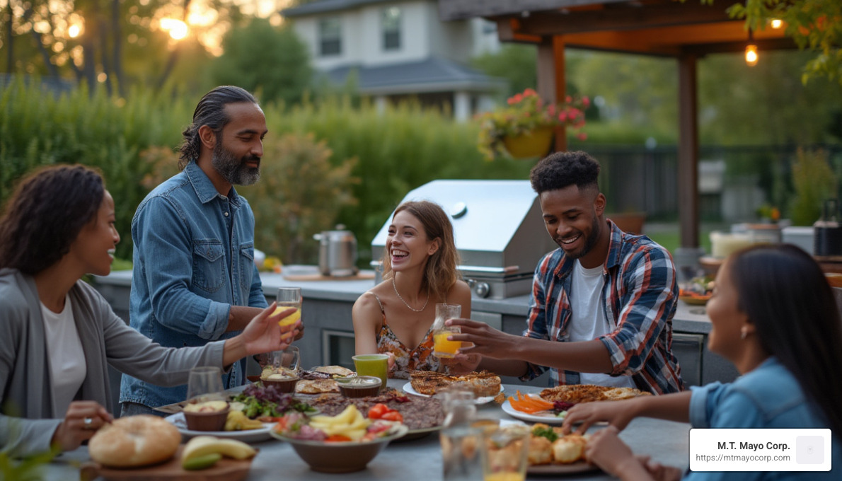 family gathering around outdoor kitchen - outdoor kitchen builders near me