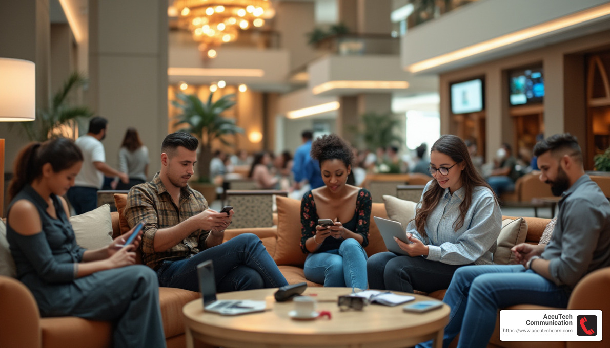 Hotel lobby with guests using wireless devices - wireless networking solutions for hospitality
