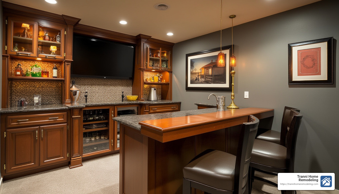 L-shaped basement bar with custom cabinetry and seating - basement bar renovations