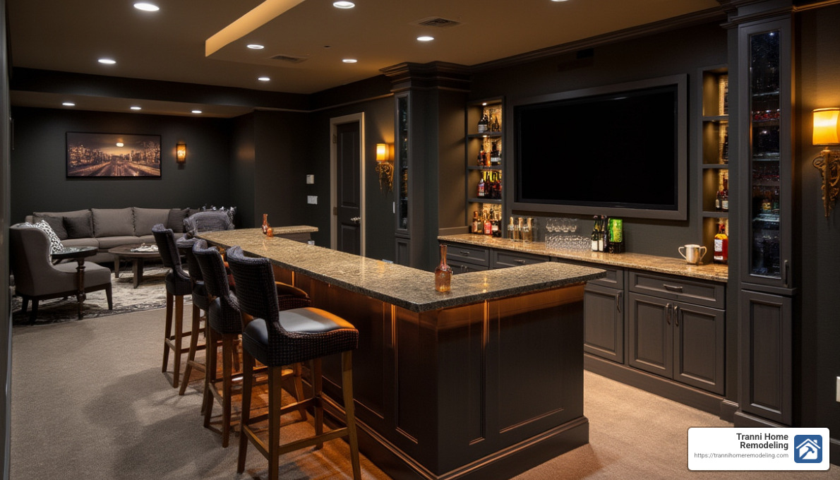 basement bar integrated with home theater - basement bar renovations