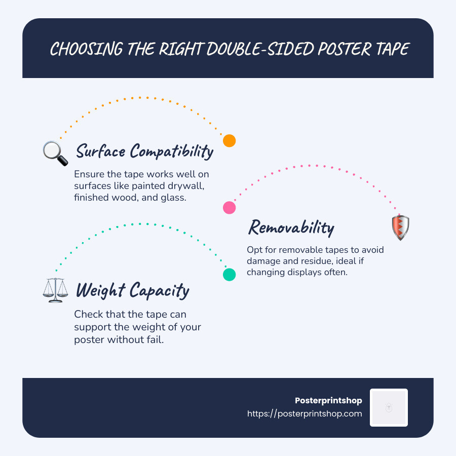 Infographic comparing different types of double sided poster tapes by strength, removability, and best uses - double sided poster tape infographic infographic-line-3-steps-blues-accent_colors