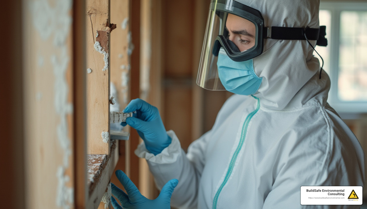 Asbestos sampling process showing inspector taking samples - asbestos inspection