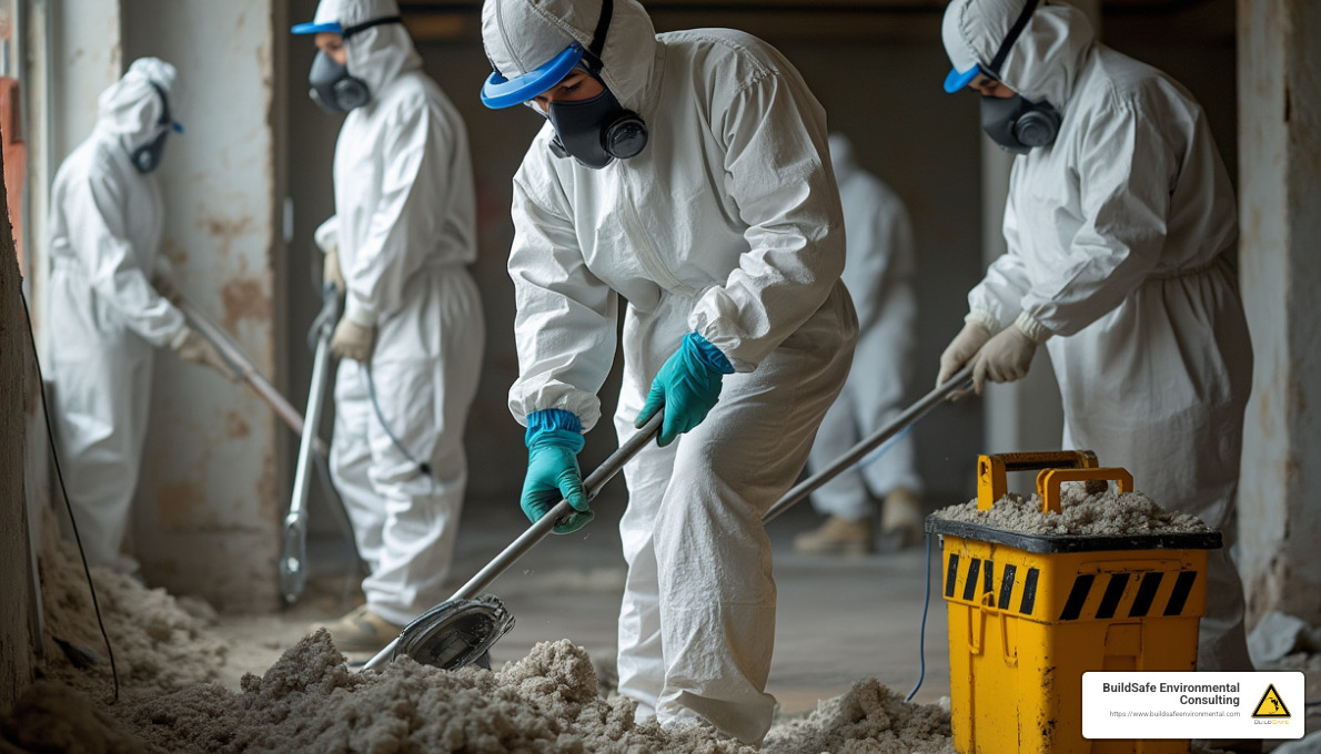 asbestos abatement process showing workers in protective gear - asbestos inspection