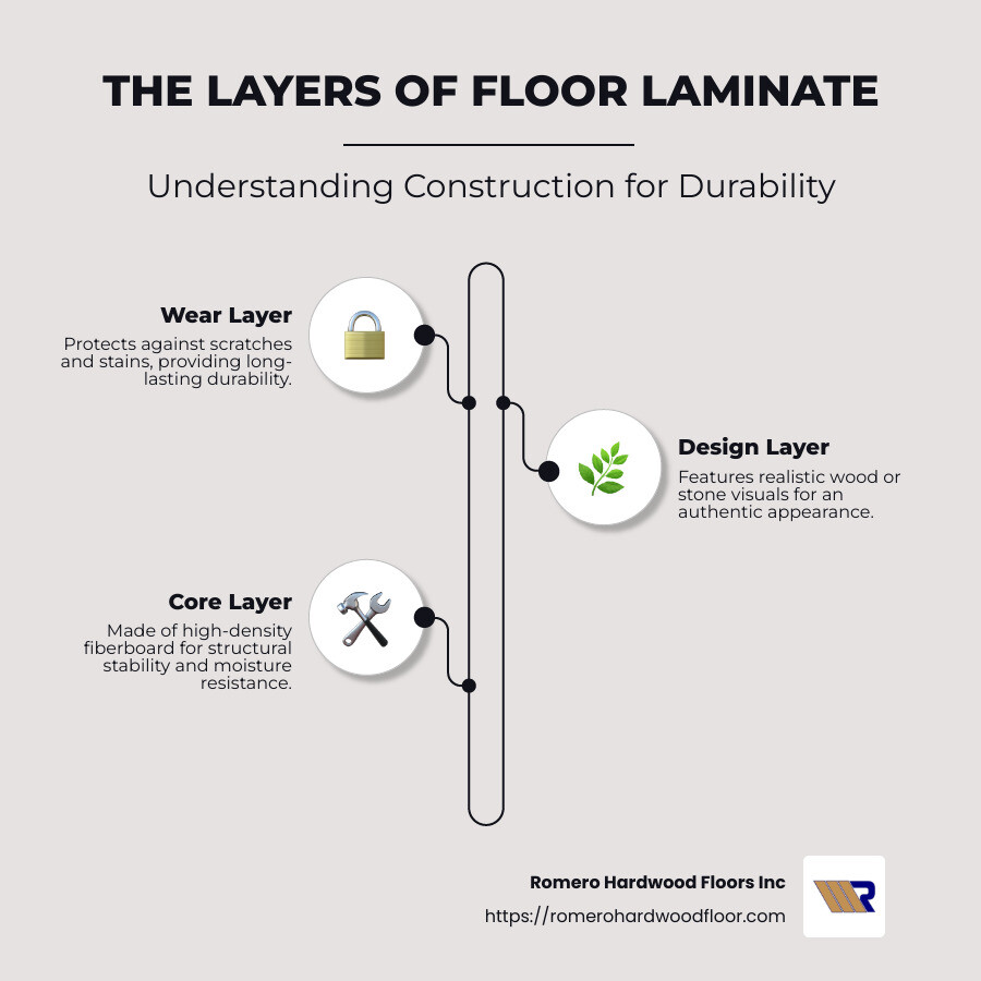 Detailed infographic explaining laminate flooring layers and construction - floor laminate infographic infographic-line-3-steps-neat_beige