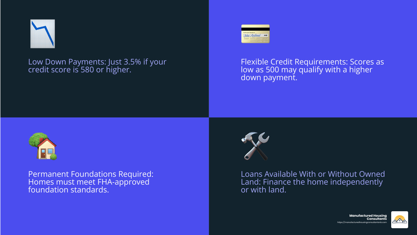 Infographic explaining FHA mobile home financing basics, including credit scores, down payments, property requirements, and loan options - fha mobile home financing infographic 4_facts_emoji_blue