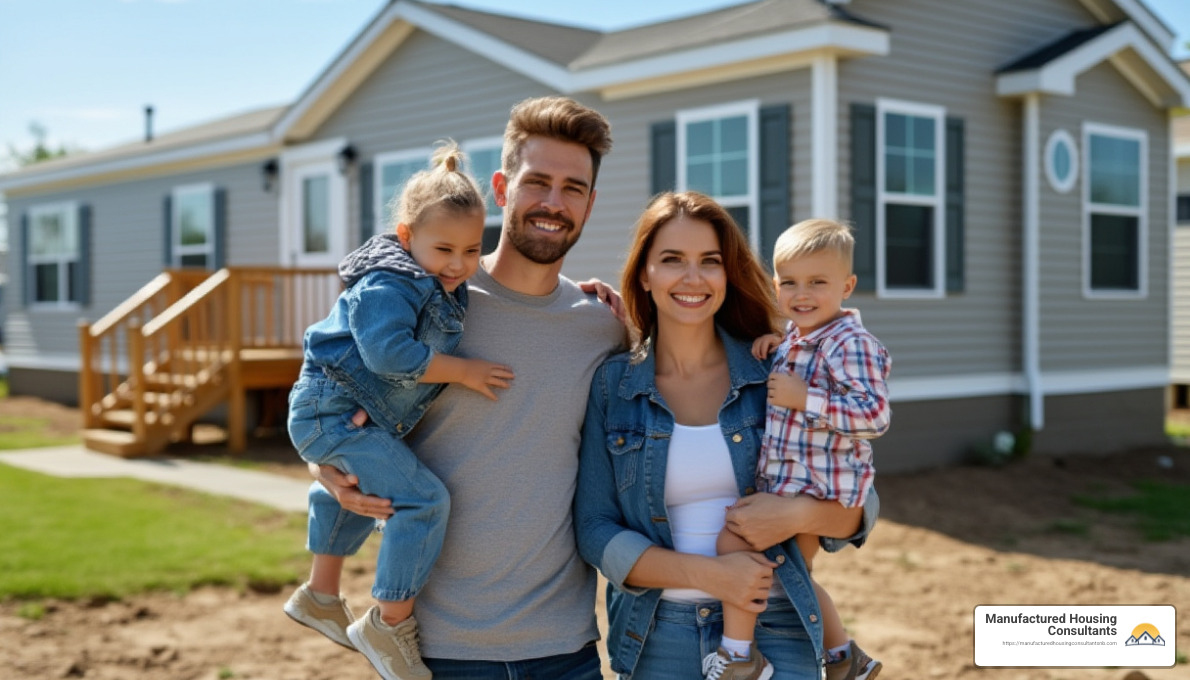 Happy family standing in front of their new manufactured home - fha mobile home financing