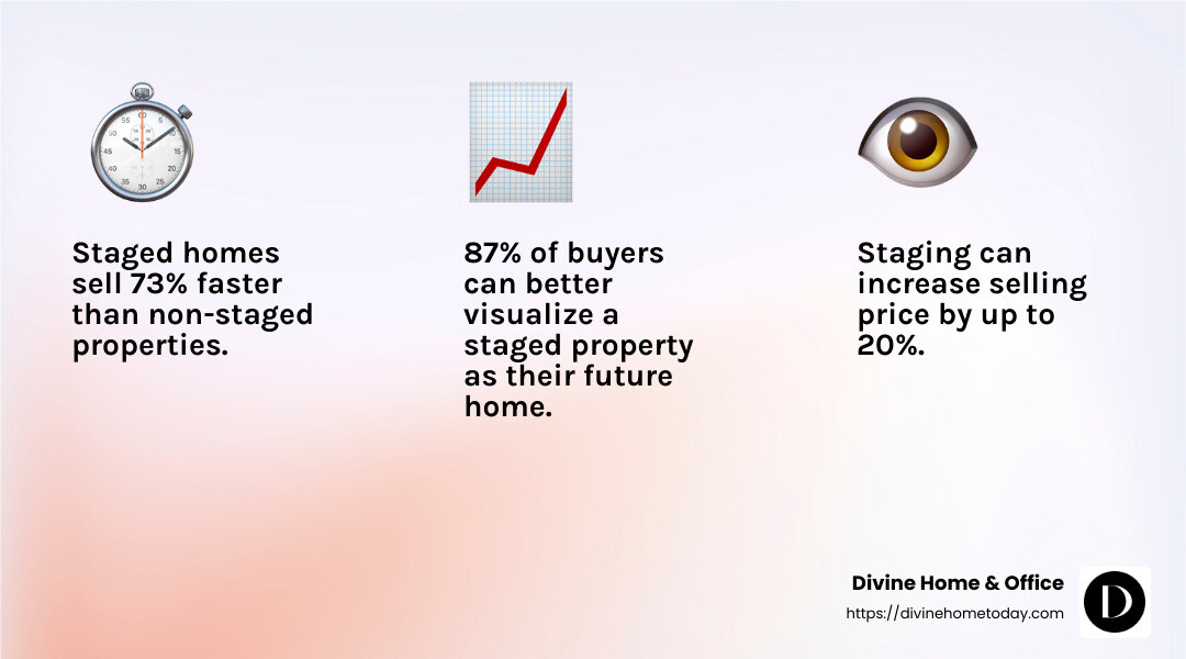 Infographic showing home staging statistics including 73% faster sales, 20% higher selling prices, and 87% better buyer visualization with before and after photos of staged Denver homes - Home staging Denver CO infographic 3_facts_emoji_light-gradient
