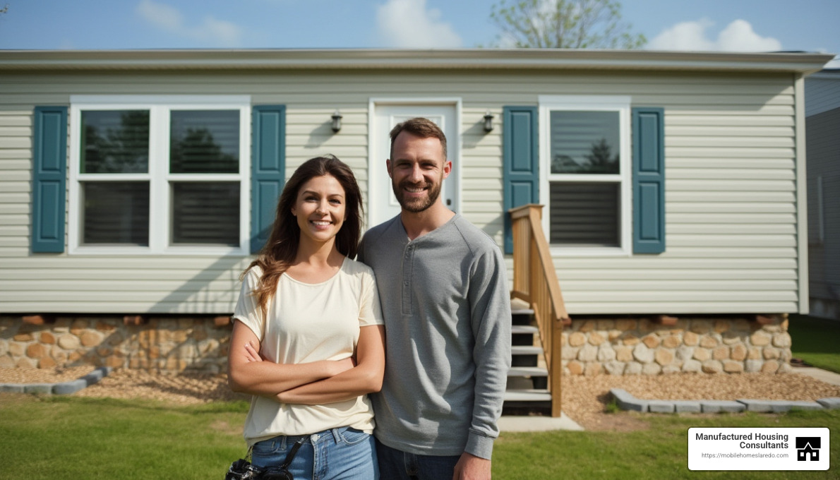 happy homeowners with their manufactured home on a proper foundation - manufactured home foundation