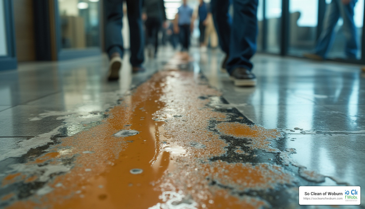 Worn commercial flooring with heavy traffic patterns - commercial floor cleaning services