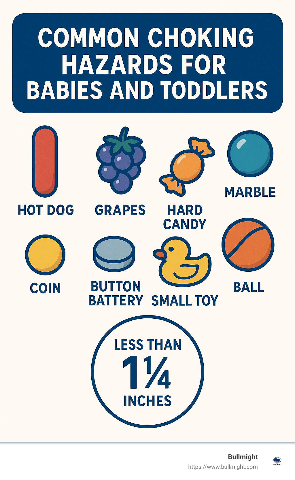 Comprehensive infographic showing common choking hazards for babies and toddlers, including food items like hot dogs, grapes, and hard candy alongside household objects like coins, button batteries, and small toys, with size indicators showing that objects smaller than 1¼ inches in diameter pose significant risks -  Guide to Preventing Choking in Babies and Toddlers infographic 