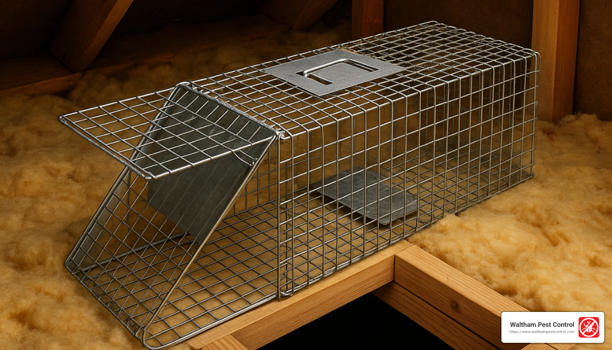 Humane live trap properly positioned at attic entry point - trapping raccoons in attic