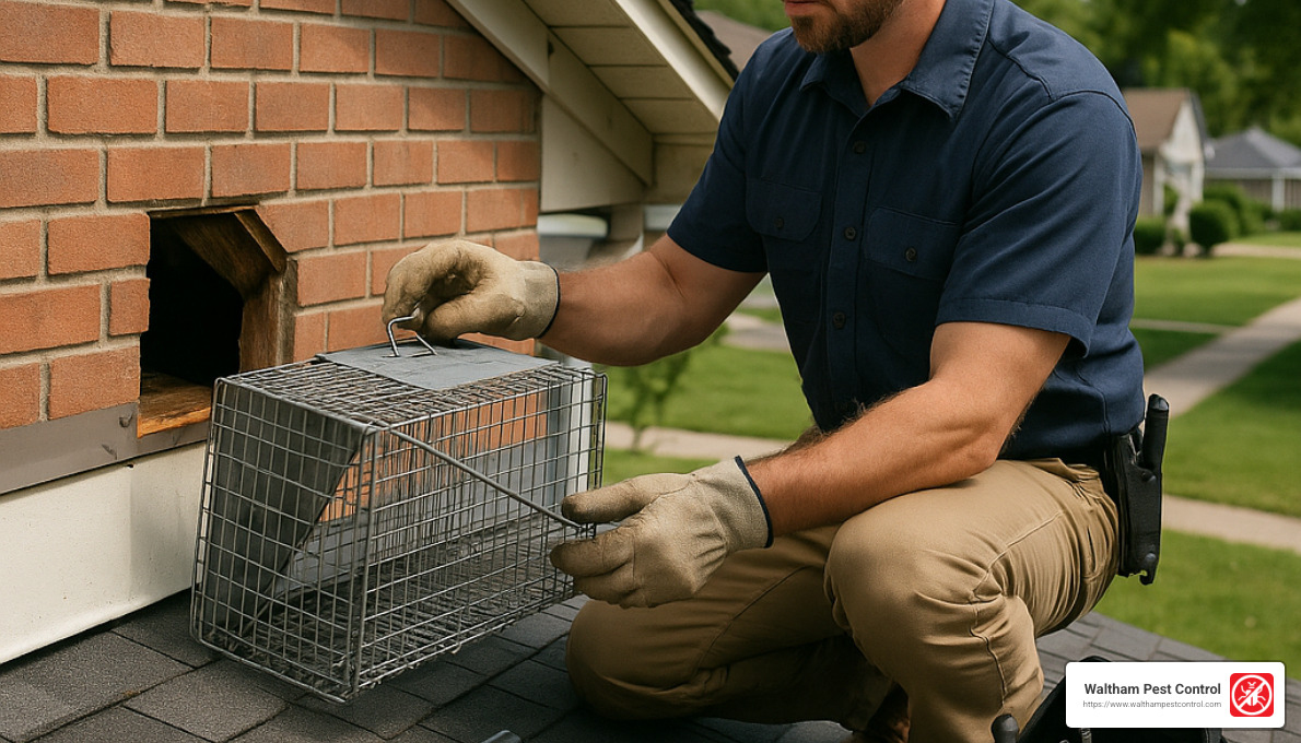 Professional setting up raccoon trap at roof entry point - trapping raccoons in attic