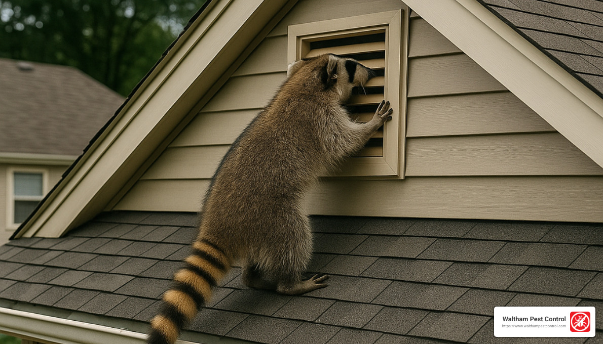 Raccoon climbing on roof and entering attic vent - trapping raccoons in attic