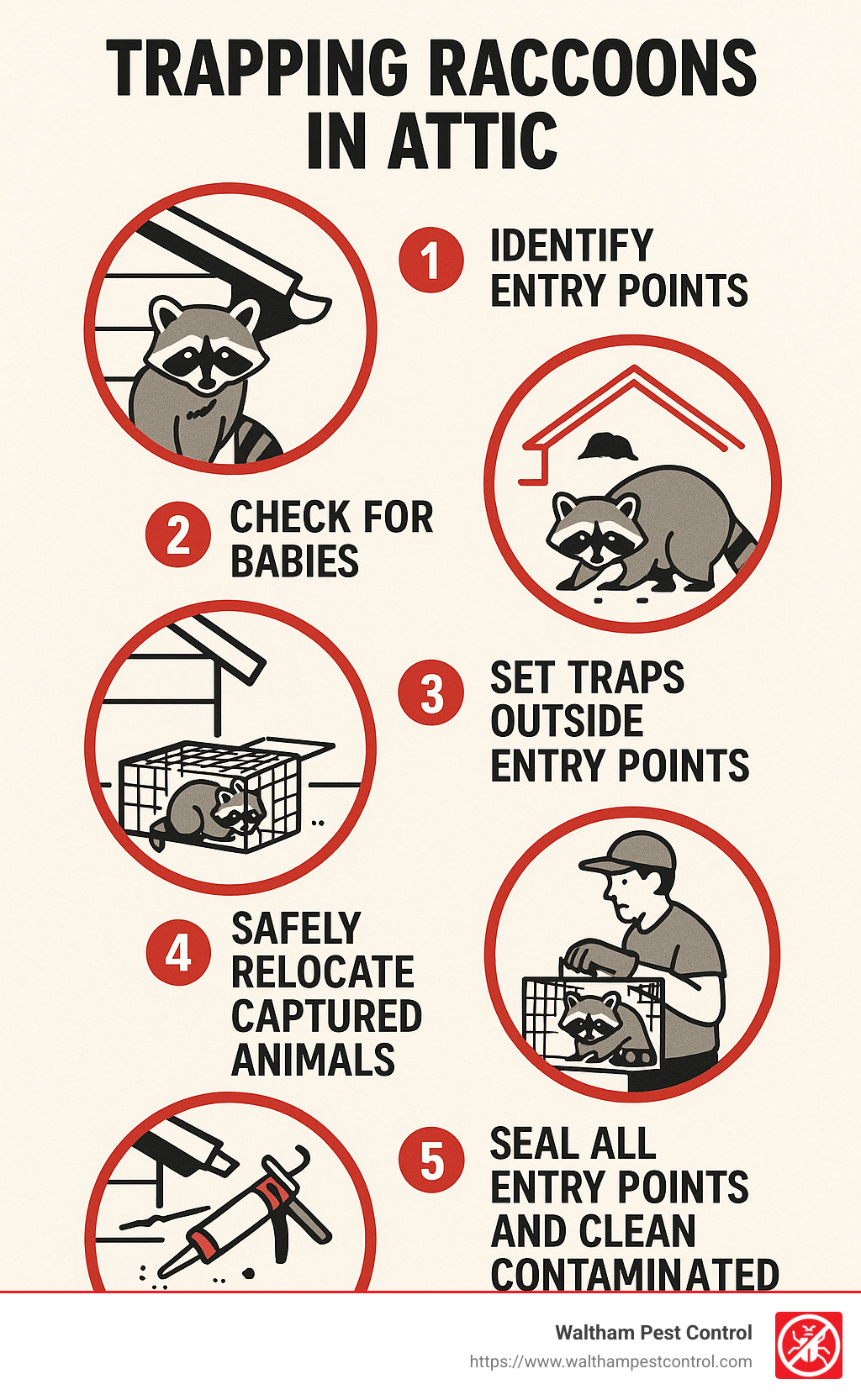 Raccoon removal process showing 5 steps: 1) Identify entry points, 2) Check for babies, 3) Set traps outside entry points, 4) Safely relocate captured animals, 5) Seal all entry points and clean contaminated areas - trapping raccoons in attic infographic 
