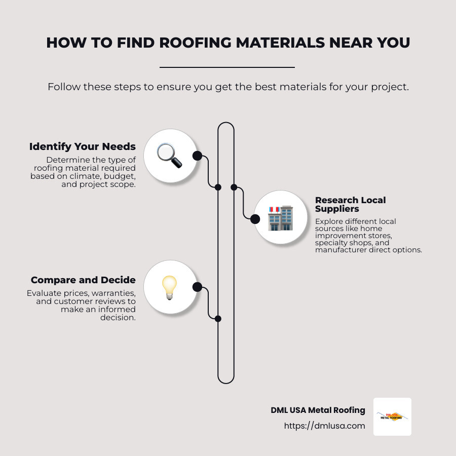 Comprehensive flowchart showing the process of finding local roofing suppliers, comparing material types, evaluating prices, and making the final purchase decision based on quality, warranty and availability - roofing materials near me infographic infographic-line-3-steps-neat_beige