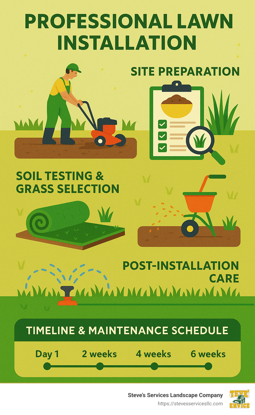Detailed infographic showing the professional lawn installation process including site preparation, soil testing, grass selection, installation methods, and post-installation care with timeline and maintenance schedule - lawn installation service infographic Detailed infographic showing the professional lawn installation process including site preparation, soil testing, grass selection, installation methods, and post-installation care with timeline and maintenance schedule - lawn installation service infographic