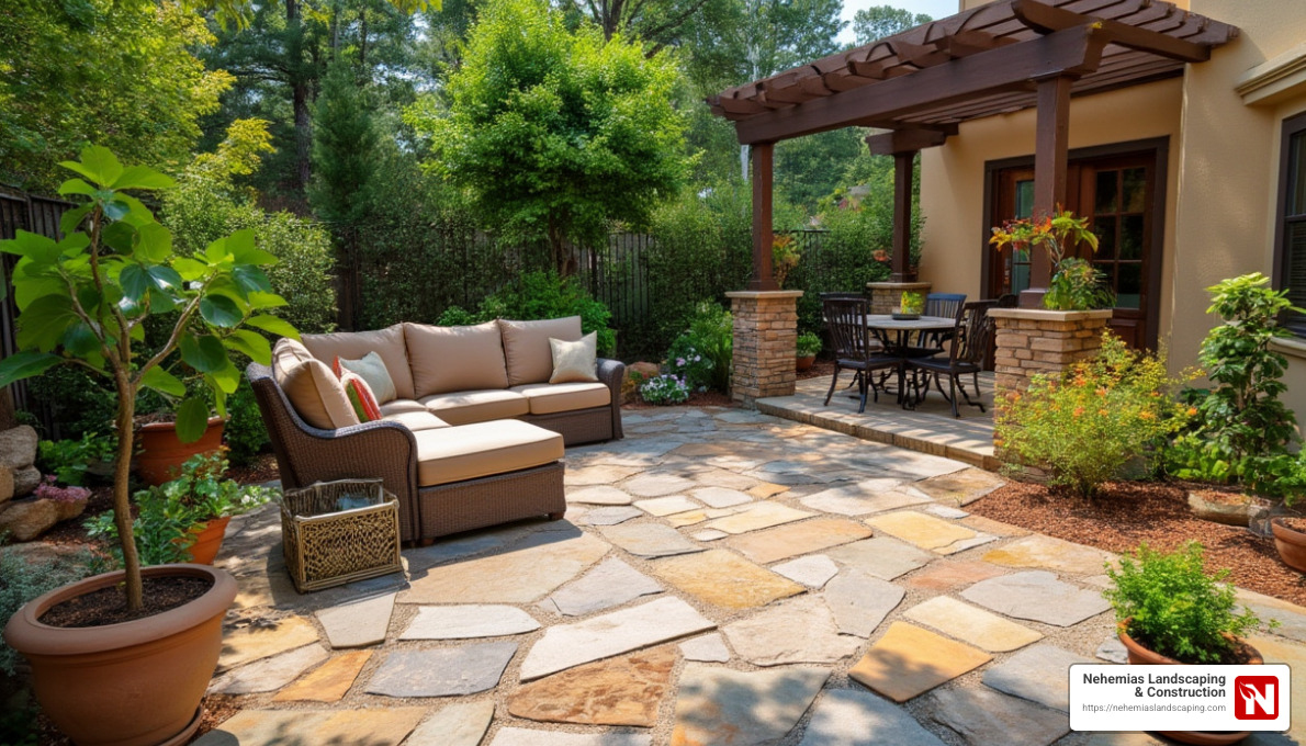 Mediterranean style flagstone and pea gravel patio with outdoor furniture - how to install a flagstone and pea gravel patio Mediterranean style flagstone and pea gravel patio with outdoor furniture - how to install a flagstone and pea gravel patio