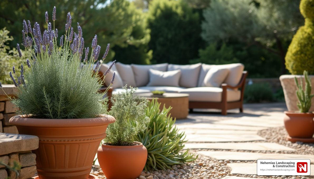 Mediterranean style patio with potted plants and outdoor furniture - how to install a flagstone and pea gravel patio Mediterranean style patio with potted plants and outdoor furniture - how to install a flagstone and pea gravel patio