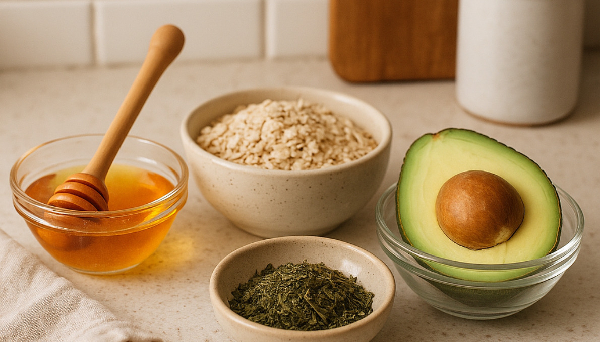 collection of natural face mask ingredients including honey, avocado, oatmeal, green tea - DIY face masks