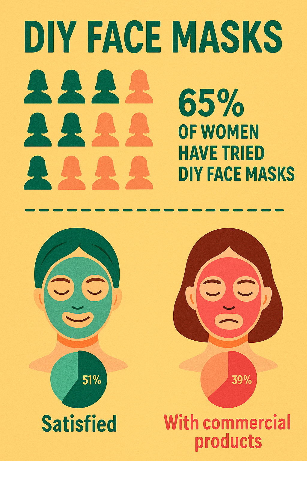 Statistics showing percentage of women who have tried DIY face masks and their satisfaction rates compared to commercial products - DIY face masks infographic 