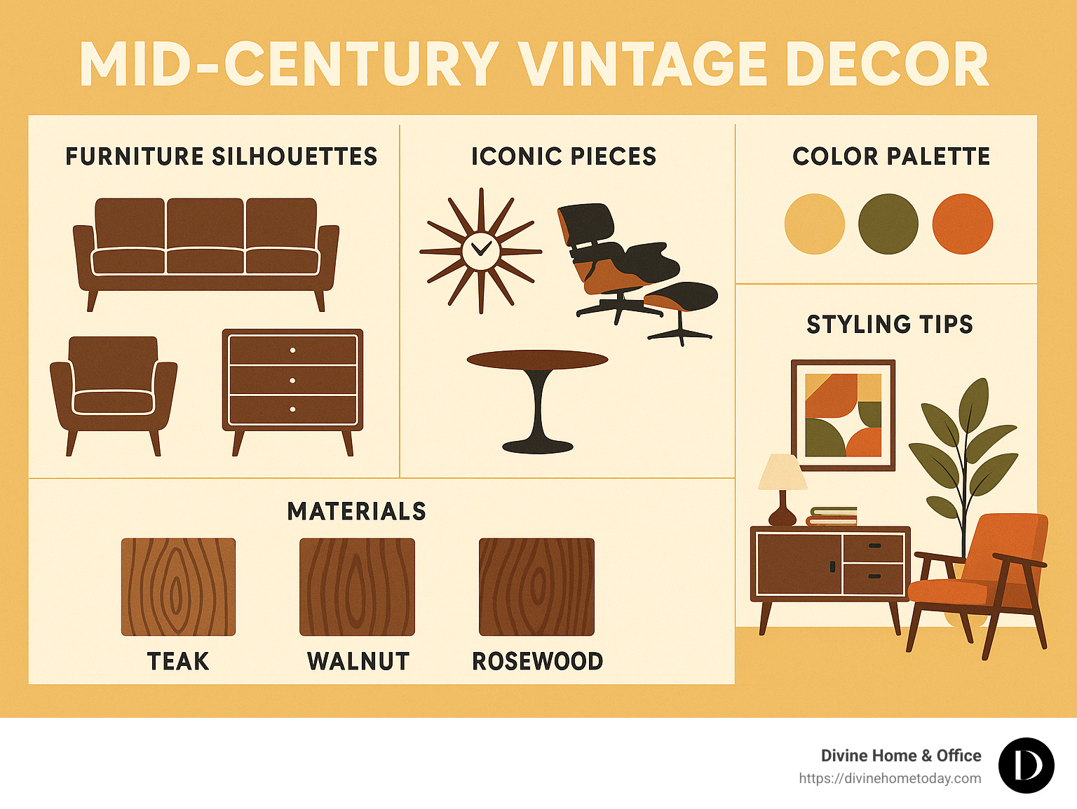 Detailed infographic showing the key characteristics of mid century vintage decor including furniture silhouettes, iconic pieces, color palettes, materials, and styling tips - mid century vintage decor infographic Detailed infographic showing the key characteristics of mid century vintage decor including furniture silhouettes, iconic pieces, color palettes, materials, and styling tips - mid century vintage decor infographic