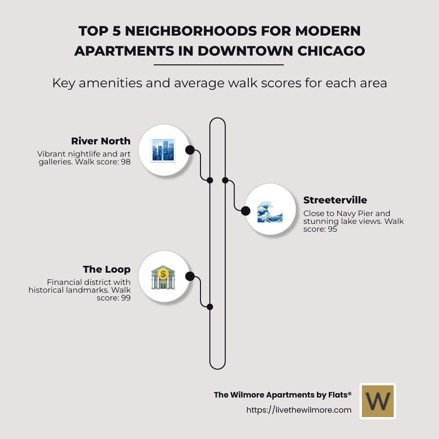 Infographic showing the top 5 neighborhoods for modern apartments in downtown Chicago, featuring River North, Streeterville, The Loop, West Loop, and South Loop, with key amenities for each area and average walk scores - modern apartments downtown chicago infographic infographic-line-3-steps-neat_beige