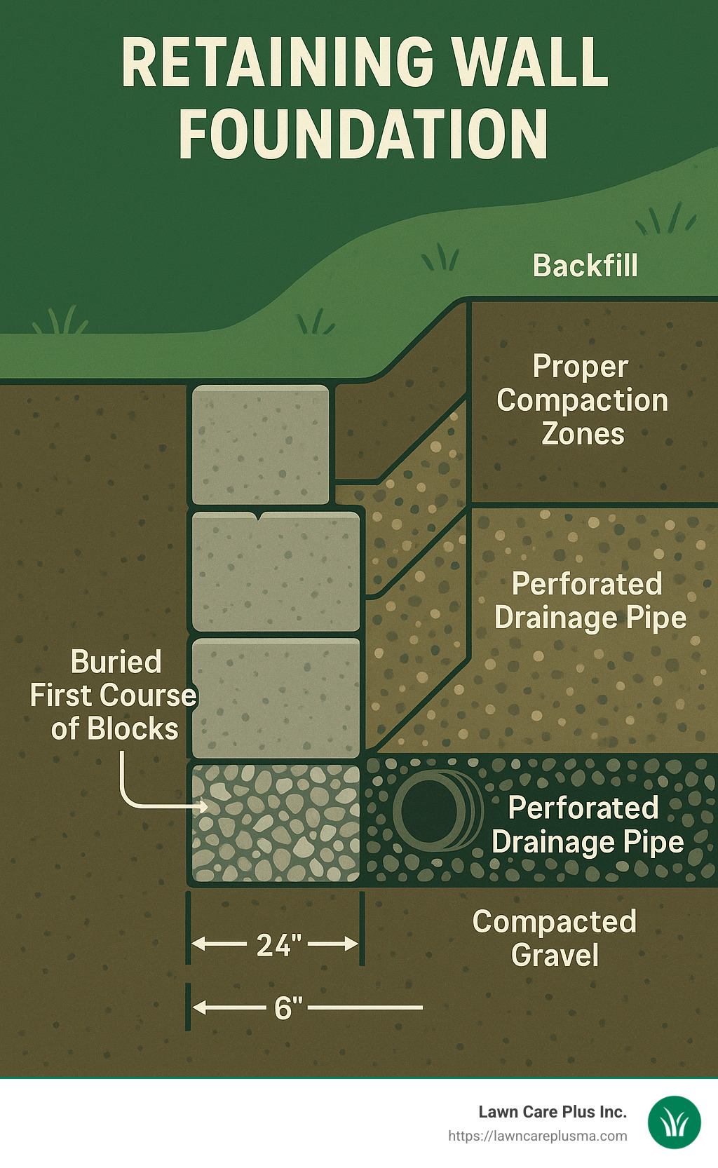 Detailed cross-section of a retaining wall foundation showing base trench dimensions, compacted gravel layer, buried first course of blocks, perforated drainage pipe placement, and backfill materials with proper compaction zones - retaining wall foundation infographic 