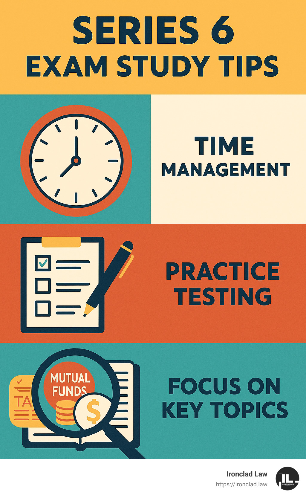 Study tips for Series 6 exam showing time management, practice testing, and focus on key topics - series 6 financial exam infographic
