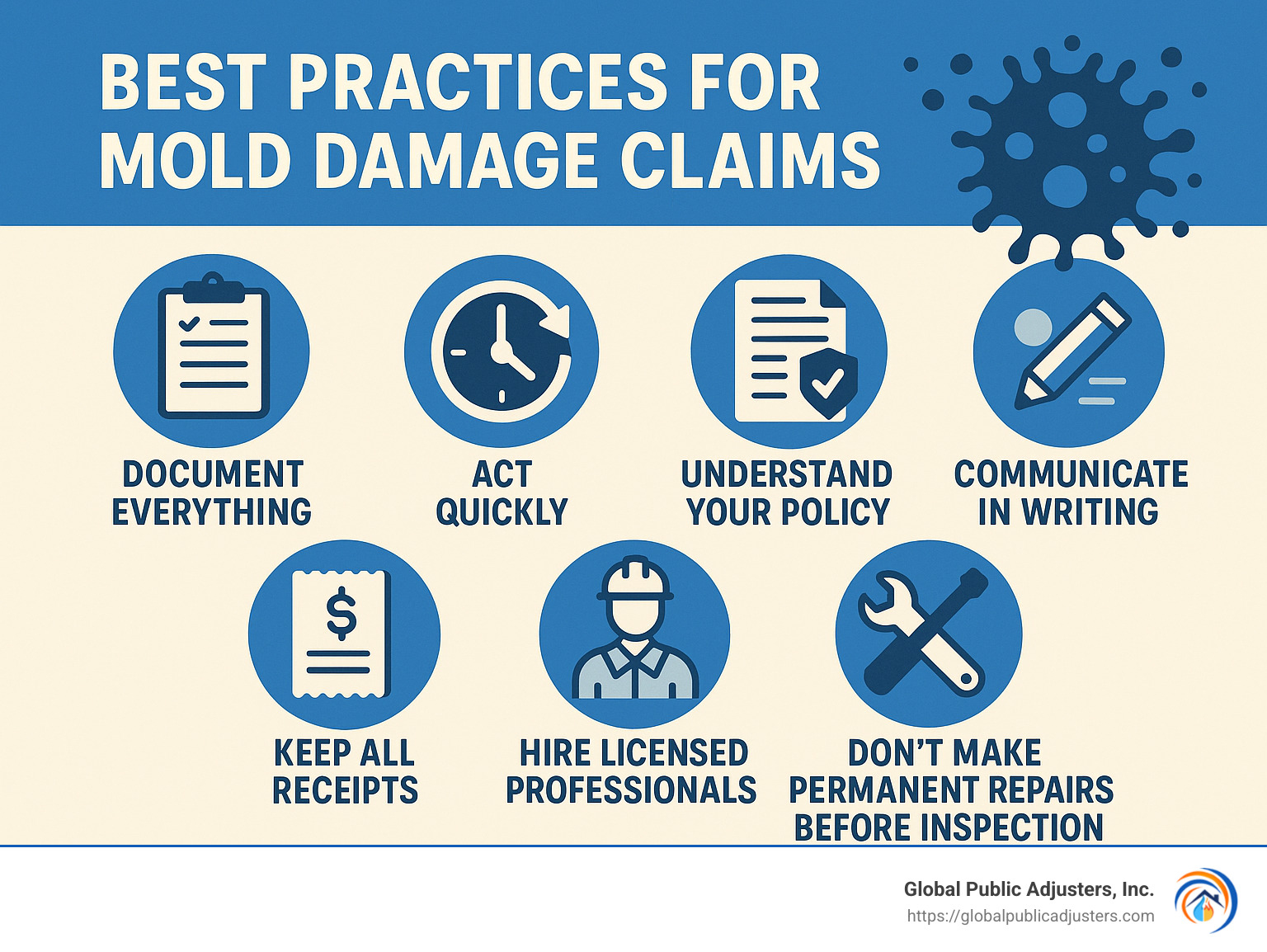 Best practices for mold damage claims: Document everything, Act quickly, Understand your policy, Communicate in writing, Keep all receipts, Hire licensed professionals, Don't make permanent repairs before inspection - can you file a homeowner claim for mold damage infographic 